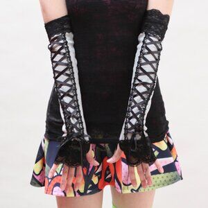 Long Corset Fingerless Gloves Gray Arm Warmers Lace Up Steampunk Costume Cosplay